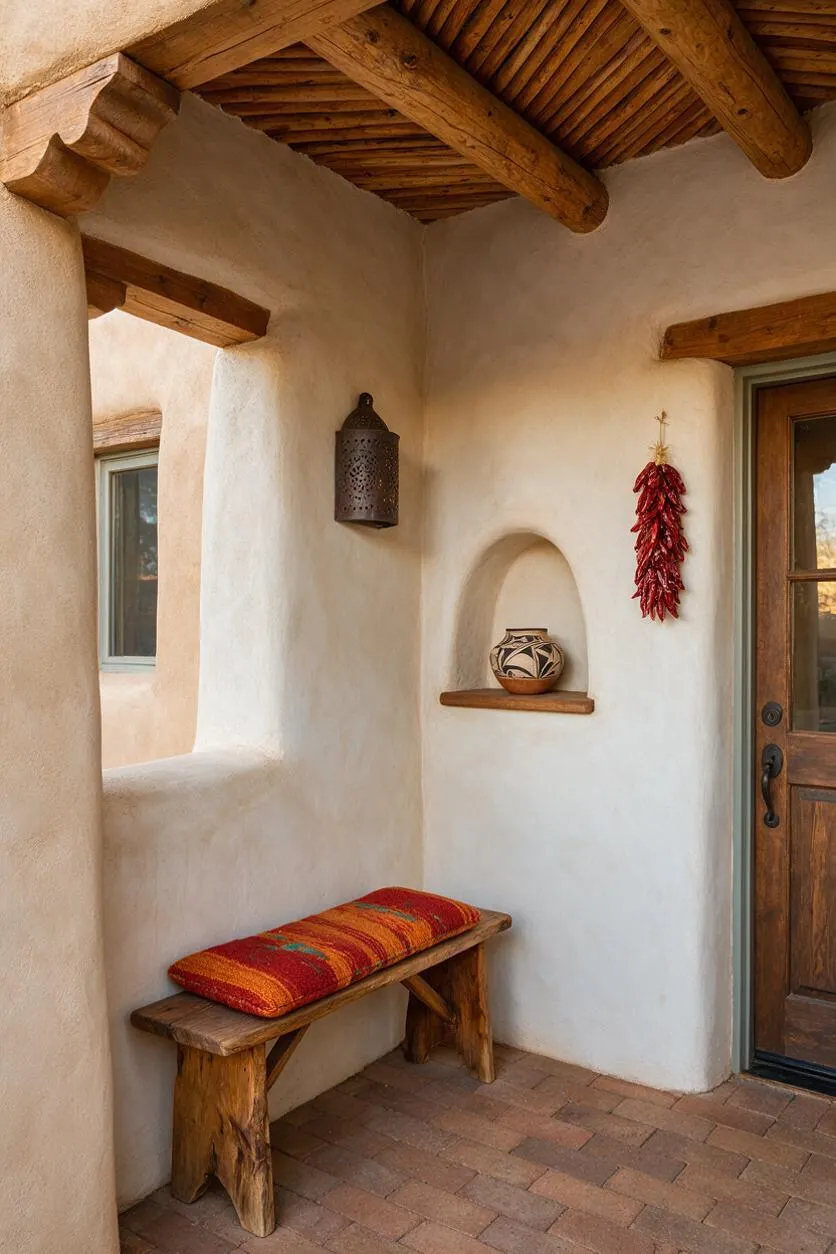 A Southwestern front porch with smooth adobe-style stucco walls, exposed timber ceiling beams, and a terracotta brick floor. A rustic wooden bench with a red-orange woven cushion sits beside a niche holding a decorative pottery vase, with a hanging lantern and dried red chile ristra adding authentic regional character.