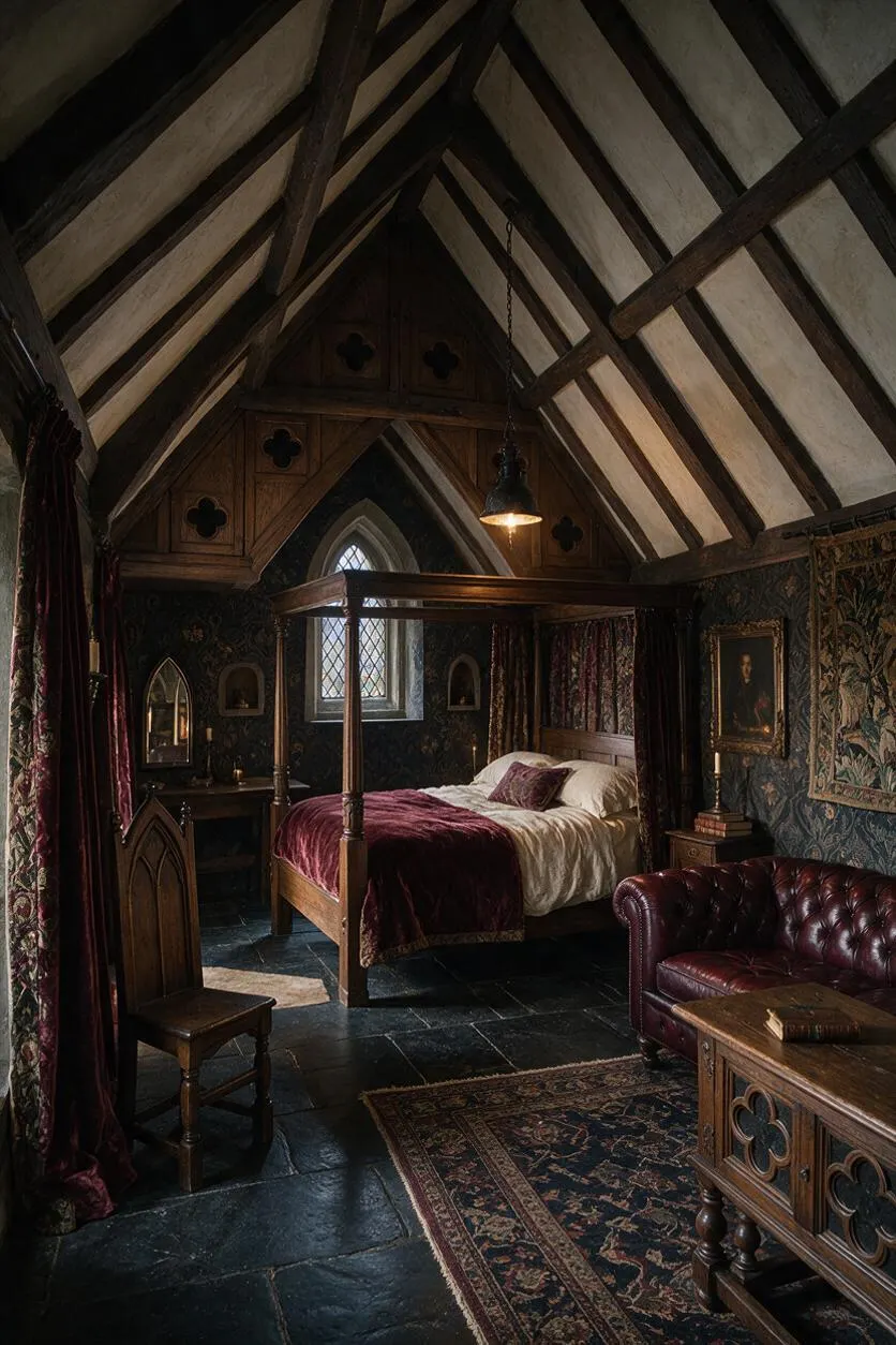A dramatic Gothic guest bedroom with a four-poster canopy bed centered beneath a steep timbered ceiling. Dark patterned wallpaper, leaded glass windows, burgundy velvet accents, carved wood furniture, and a leather sofa create a richly layered, old-world atmosphere.