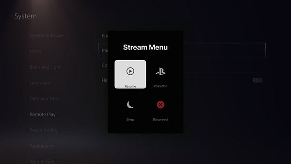The image displays a user interface for the Apple TV system settings with a Stream Menu overlay.
