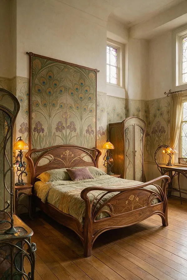 An Art Nouveau master bedroom with a carved wooden bed, floral and peacock feather wall art, amber glass lamps, and tall stained-glass windows. Warm wood floors and flowing organic details create an elegant vintage atmosphere.