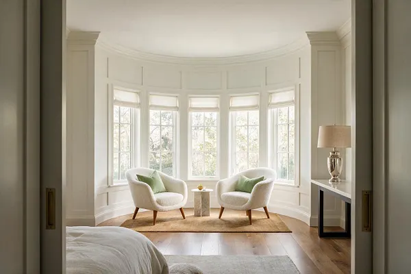 A bright sunroom with a curved wall of tall windows and white trim, furnished with two cream upholstered chairs facing each other on a natural woven rug. A small stone pedestal table sits between them, while a console table with a brass lamp stands to the right over warm wood flooring.