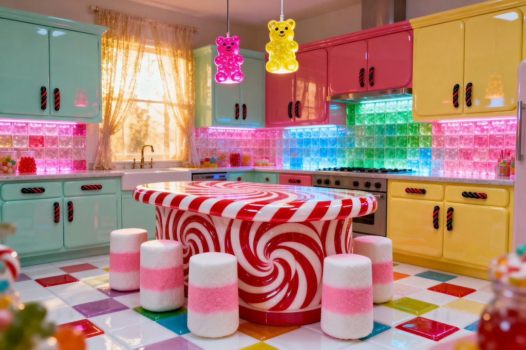 A playful kitchen styled like a candy shop shows glossy mint, pink, and yellow cabinets with black-and-red licorice-style pulls. A red-and-white peppermint-swirled island is surrounded by marshmallow-like stools and lit by gummy-bear pendant lights, with backlit glass-block tiles glowing pink, blue, and green, a stainless-steel range, white counters, lace curtains, and a white floor dotted with multicolored squares.