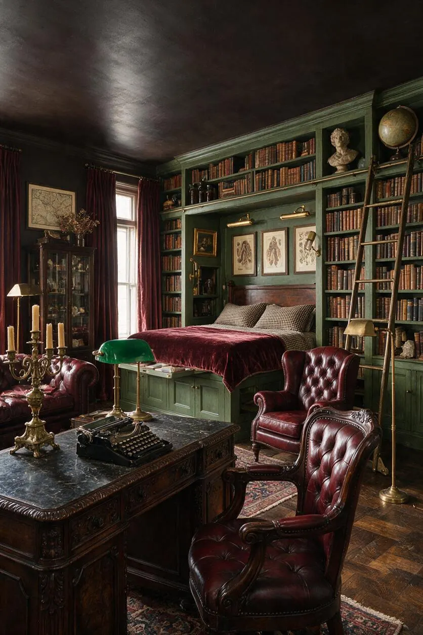 A dark academia guest bedroom with built-in green bookshelves surrounding a bed, burgundy velvet bedding, leather armchairs, and a carved wooden desk with a black marble top. The room includes brass lamps, vintage decor, a globe, and deep dark walls and ceiling.