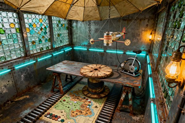 A kids’ room styled like a makeshift bunker features riveted, rusted steel walls and windows built from circular bottle-bottom glass with teal, green, and amber inserts. Neon-cyan perimeter lights illuminate a worn metal table on sawhorses, a cable-spool pedestal over a map rug edged by conveyor rollers, a tin-can airplane mobile under a patched canvas canopy, vintage caged Edison bulbs, and a compact generator bike.