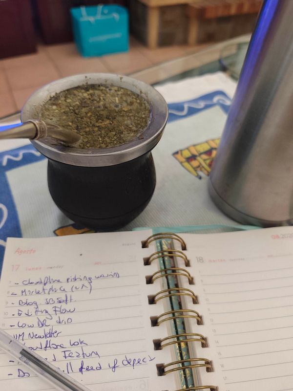 A cozy morning scene with a cup of yerba mate and an open notebook beside it.
