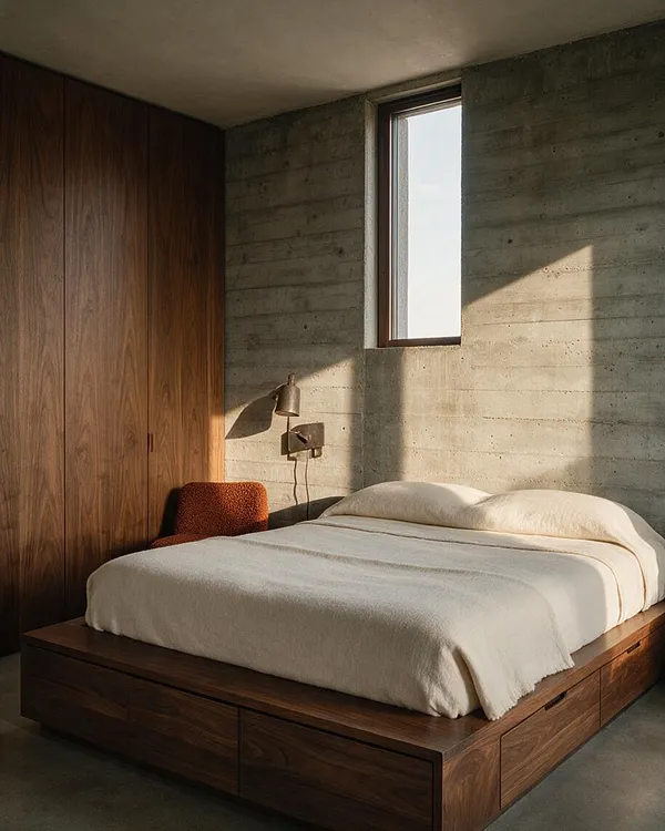 A guest bedroom with a low wooden platform bed, cream bedding, and a small rust-colored chair beside it. The room features raw concrete walls, a narrow vertical window, built-in dark wood wardrobes, and soft sunlight casting angular shadows.