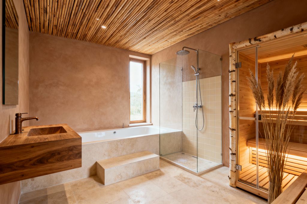 A Scandinavian bathroom with warm clay-plaster walls, a slatted timber ceiling with recessed lights, and pale travertine flooring. On the left, a floating solid-wood vanity with a copper faucet sits beside a built-in white bathtub and stone step. A glass walk-in shower with cream square tiles and chrome fixtures adjoins a birch-wood sauna with soft backlighting and a glass door, while a tall window brings in daylight.