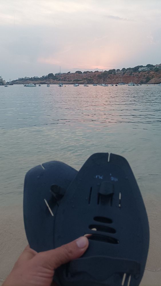 A person holds a pair of swim fins while standing on a beach at sunset.