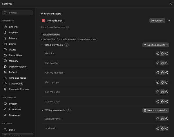 Settings interface showing tool permissions for the Nomads.com connector with options to approve or restrict read-only and write/delete tools.