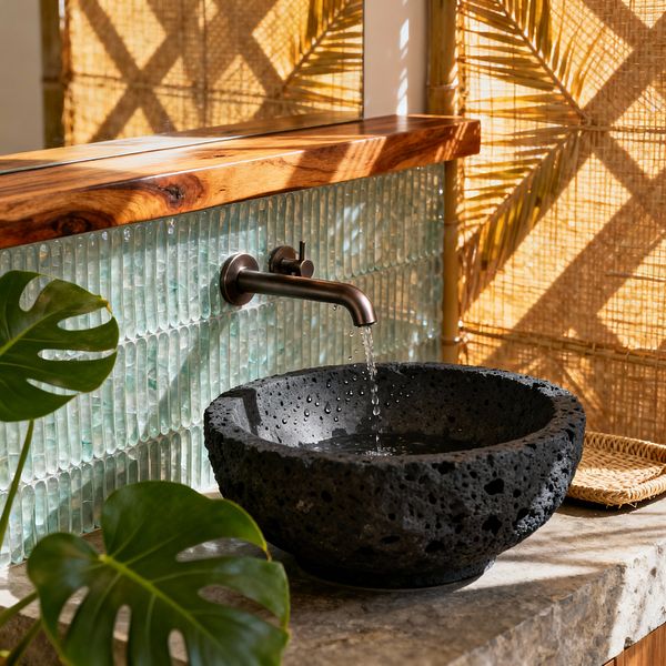 A tropical bathroom vignette with a rough black lava-stone vessel sink on a textured stone counter, beneath a wall-mounted brushed-bronze faucet with running water. Behind it, a live-edge teak ledge tops a backsplash of vertical fluted sea-glass tiles. Woven rattan and bamboo screens filter warm sunlight and cast palm-frond shadows, while a small woven tray and large monstera leaves add natural accents.