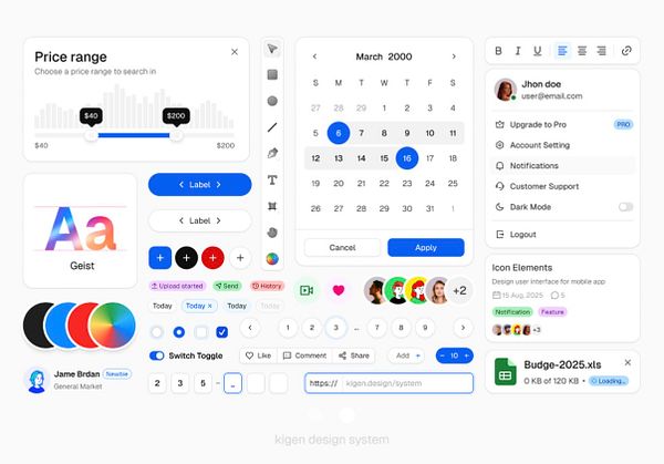 A laptop displaying a webpage with the URL kigen.design in the browser address bar and a tech conference or company webpage showing multiple conference speakers' photos and names.