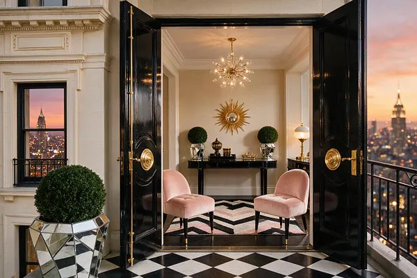 A glamorous Hollywood Regency balcony entrance with oversized black double doors open to a chic sitting area. The space features a black-and-white checkerboard floor, blush velvet chairs, mirrored planters with round topiary, gold accents, a starburst mirror, and a sparkling chandelier with a city skyline at sunset beyond.