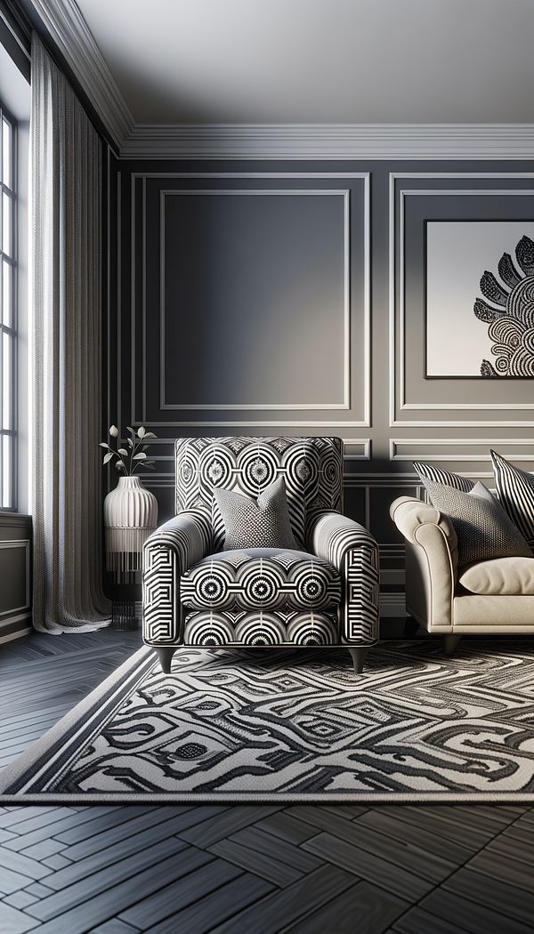 An elegant living room featuring a bold, Bargello patterned armchair as the focal point, with complementary Bargello pattern pillows and a throw on a neutral sofa, set against a backdrop of monochromatic walls.