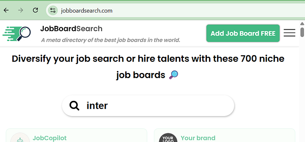 Screenshot of a job board search platform showing multiple job board listings and filters for search customization.