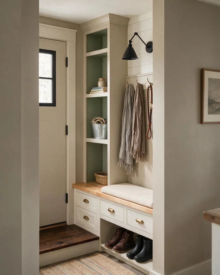 A compact farmhouse entryway features a cream built-in bench and storage cubbies with a light wood top, brass drawer pulls, and a white seat cushion. Open shelves hold baskets, books, and pottery, while wall hooks display neutral scarves beside a black sconce and a beige door with a dark windowpane.