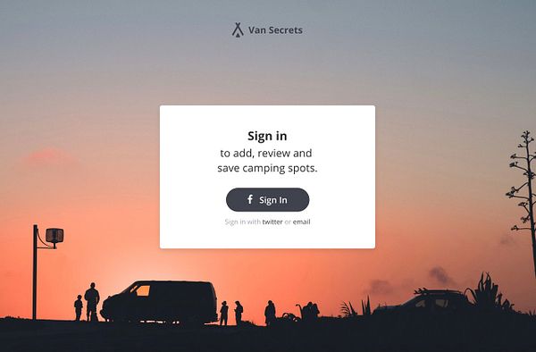 A login screen for the Van Secrets app set against a sunset backdrop with silhouettes of people and a van.