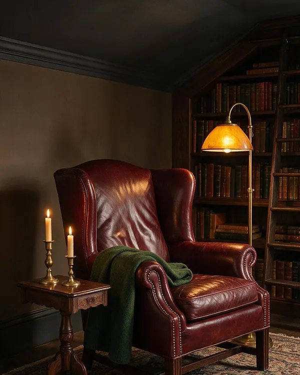 A dark academia reading nook with a burgundy leather wingback chair draped in a dark green throw, placed beside a small wooden side table with two lit candles. Behind it, built-in bookcases filled with old books and a brass floor lamp with a warm amber shade create a cozy, scholarly atmosphere.
