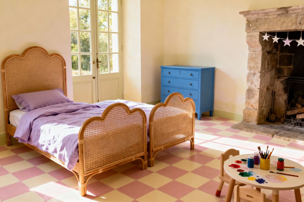 A sunlit children’s room with two scalloped rattan twin beds dressed in lavender linen on a pink-and-cream checkerboard tile floor. A rustic stone fireplace with a white star garland, a bright blue dresser, and a small round art table with paints sit beside tall French doors and pale plaster walls, creating a cozy, playful feel.