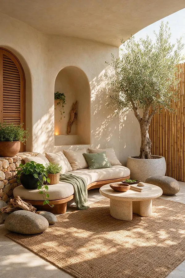 A serene outdoor lounge with a curved cream stucco wall, arched niche, and wooden shuttered door. The space features a low cushioned sofa, a round stone coffee table, a large potted olive tree, woven rug, and natural accents like pebbles, bamboo screening, and potted greenery.