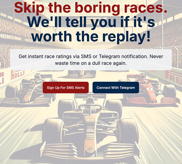 The image features a racing-themed promotional webpage for a service that provides race ratings.