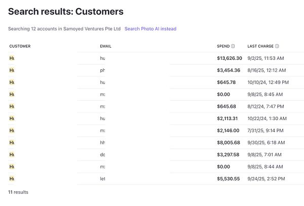 The image displays a table of customer account details for Samoyed Ventures Pte Ltd.