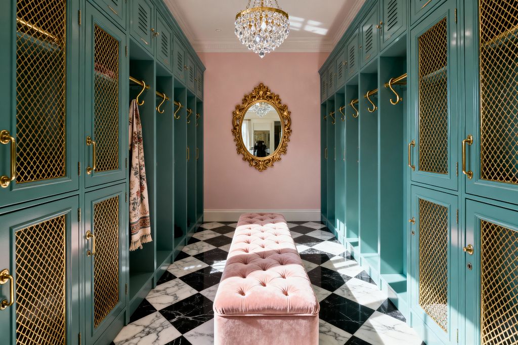 A symmetrical vintage-glam mudroom features seafoam-teal lockers with gold wire mesh doors, brass pulls, and open cubbies with brass rods and hooks lining both sides. At center, a blush tufted velvet bench sits on a black-and-white marble checkerboard floor, while a blush wall with an ornate oval gilt mirror and a crystal chandelier add sparkle beneath white crown molding.