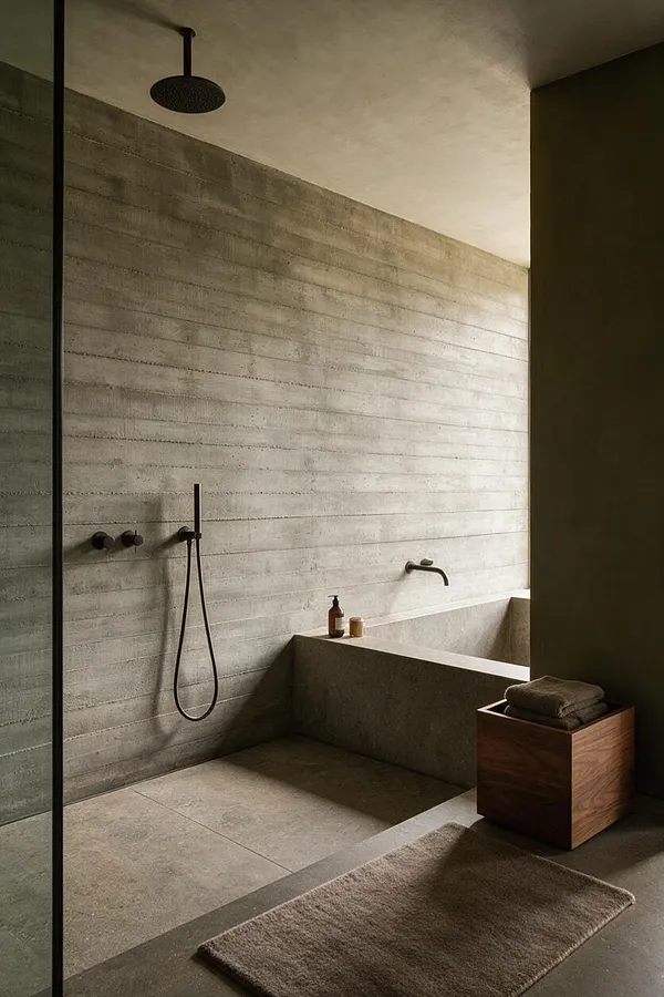 A minimalist master bathroom with raw concrete walls, floor, and bathtub surround, paired with a dark shower fixture and black-framed glass partition. A warm wood stool, folded towels, and a soft beige bath mat add contrast to the otherwise muted, industrial space.
