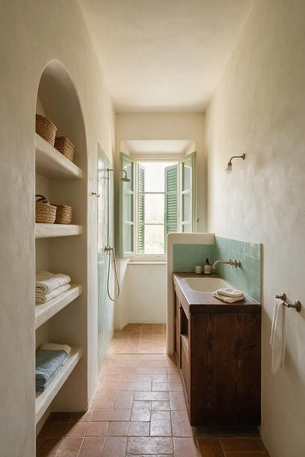 A narrow Mediterranean-style bathroom with plaster walls, terracotta floor tiles, and a dark wood vanity topped with a sink. Built-in arched shelves hold woven baskets and folded towels, while a window with pale green shutters brings in soft daylight.