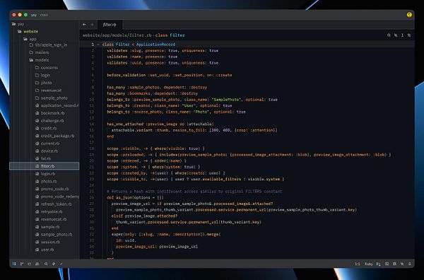 The image displays a code editor interface showing a Ruby file named 'filter.rb'.
