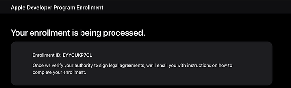 Screenshot of Apple Developer Program enrollment completion confirmation on an iPhone interface.