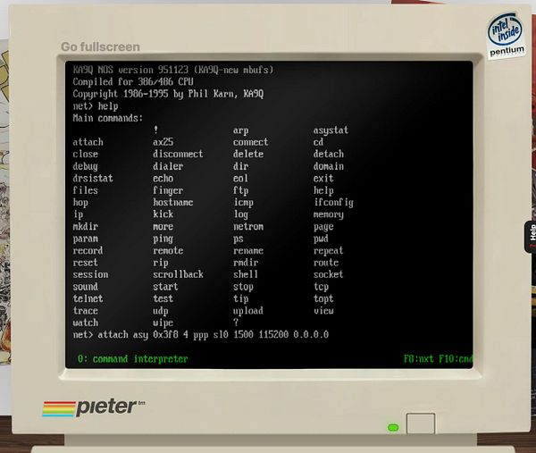 The image displays a vintage computer monitor showing a command-line interface for the KA9Q NOS software.