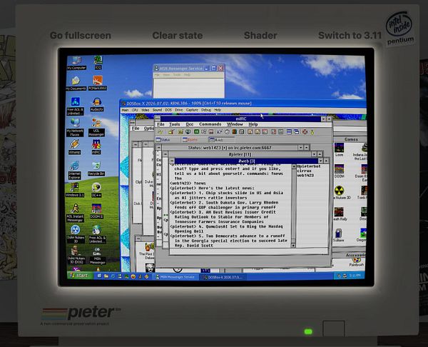 Screenshot of a Windows XP environment running Windows 3.11 with an active dial-up Internet connection setup screen.