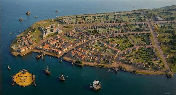 An aerial view of a historical representation of New Amsterdam in the year 1630, showcasing its layout and maritime activity.
