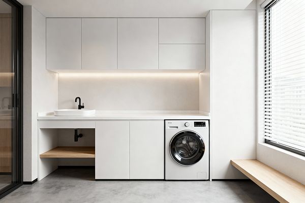 A clean, white laundry room features handleless upper and lower cabinets, a slim white quartz countertop, and a ceramic vessel sink with a matte black faucet. A front-load washer is built into the base units, an open niche with a natural oak shelf sits under the sink, and a matching oak bench runs beneath a large window with blinds; under-cabinet LED lighting illuminates the smooth plaster wall and polished concrete floor, while a black-framed glass door encloses the space.
