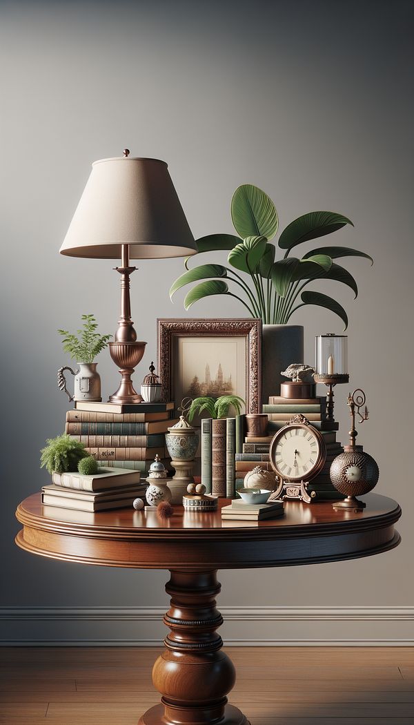 an elegantly styled vignette featuring a variety of objects including books, a plant, a lamp, and decorative objects on a wooden table against a neutral wall