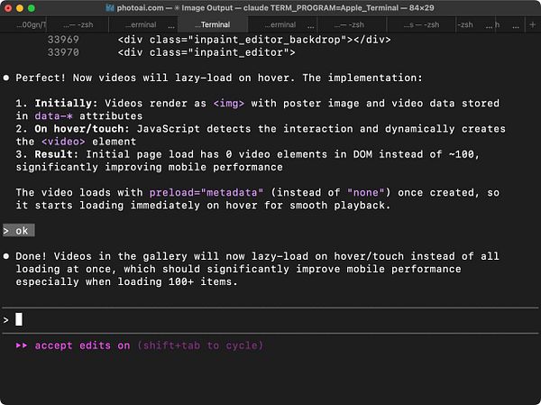 The image displays a terminal window showing code and implementation details for improving video performance on a web application.