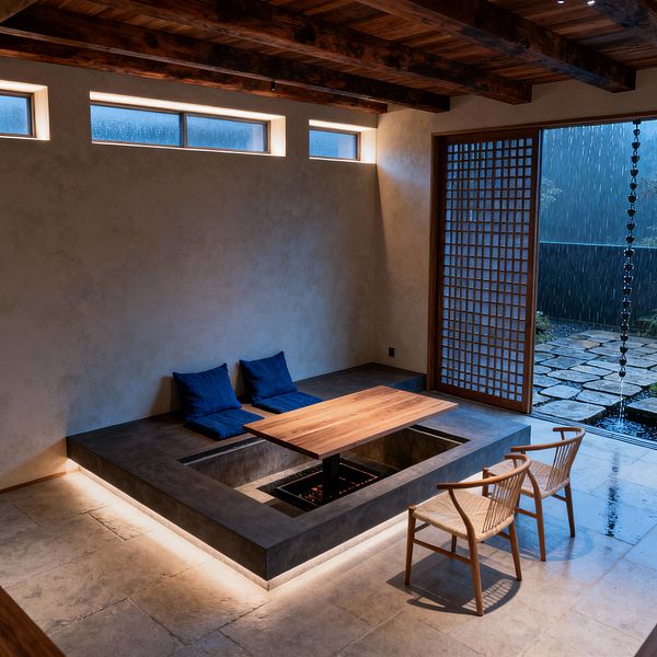 A minimalist Japanese dining room with a sunken horigotatsu: a rectangular concrete platform surrounds a recessed well with a light wood table, partnered with two blue floor cushions and two wood chairs with woven seats. Warm plaster walls sit beneath dark exposed beams, with narrow clerestory windows and a shoji-style lattice door opening to a rain-soaked stone garden and rain chain; soft LED lighting glows under the platform and across the limestone floor.