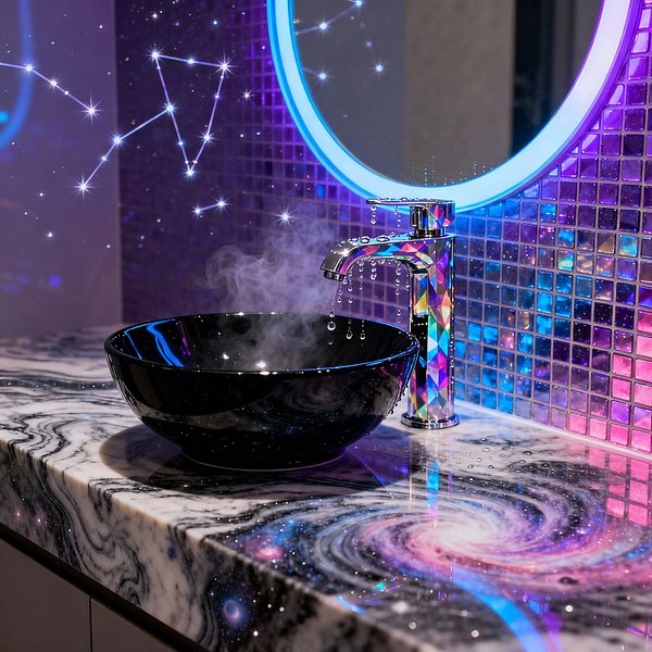A bathroom vanity shows a glossy black vessel sink on a white-and-charcoal marble countertop printed with a colorful spiral galaxy. An iridescent faucet drips beside a round mirror edged with blue LED light, reflecting off a purple glass mosaic tile backsplash. Steam rises from the bowl and constellation graphics glow nearby, creating a futuristic, space-inspired atmosphere with vivid neon highlights and shimmering surfaces.