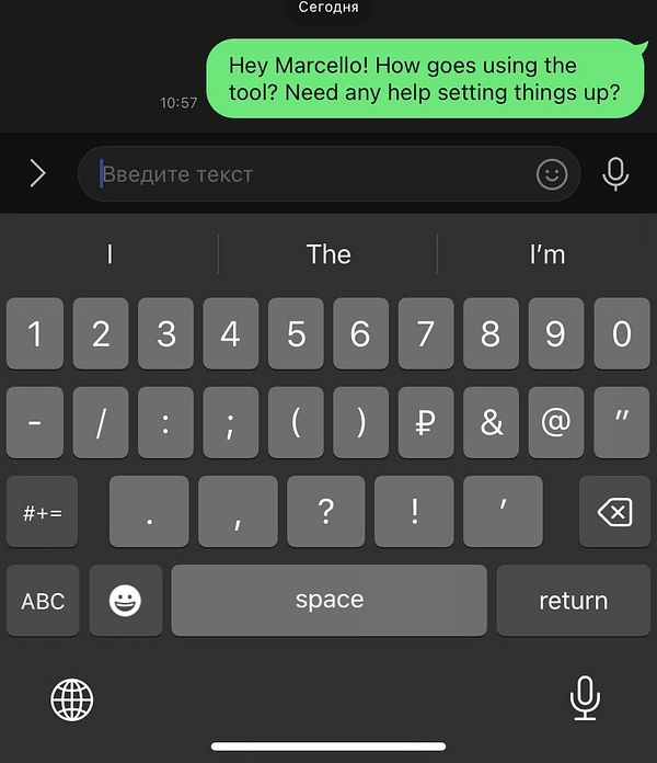 Screenshot of a messaging app showing a conversation about onboarding a new client.