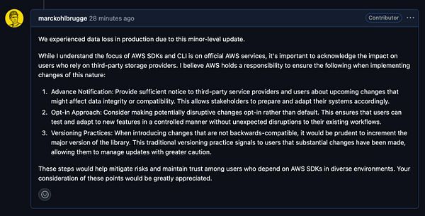 A user expresses concerns about data loss due to changes in the aws-sdk-s3 gem.