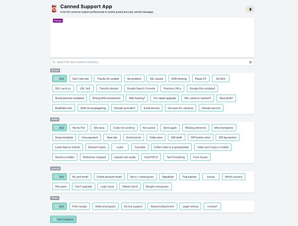 The image displays a user interface for a Canned Support App designed for customer support professionals.