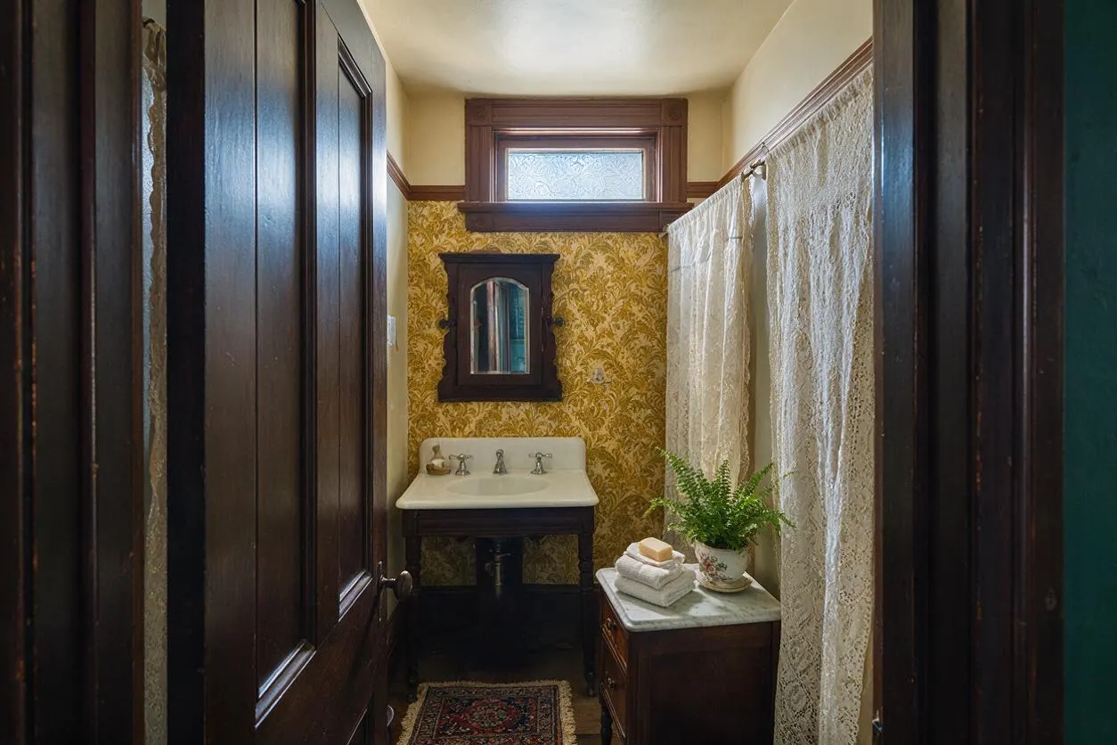 A narrow Victorian-style powder room with dark wood trim, yellow floral wallpaper, and a small high window above a wall-mounted sink. Lace shower curtains line the right side, while a small cabinet with folded towels and a fern adds a homey touch.