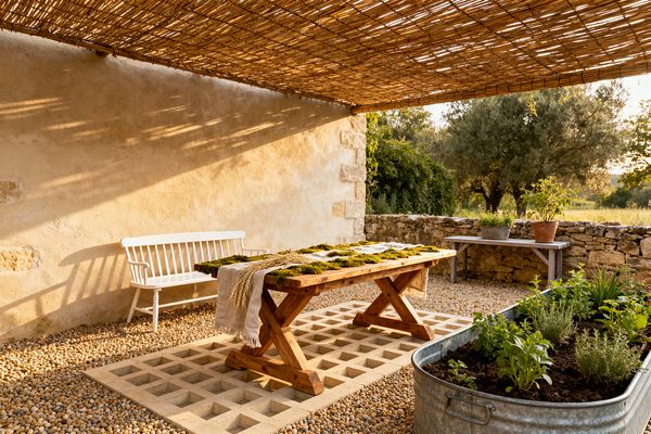 A rustic farmhouse patio shaded by a woven reed canopy casts striped shadows over a limewashed stucco wall and pea gravel floor. A solid wood trestle table sits on a concrete grid pad, with a white spindle-back bench along the wall, a gray potting table with terracotta planters, and a galvanized stock-tank herb garden, all framed by a low stone wall and sunlit trees beyond.