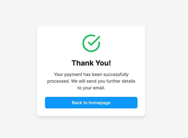 A payment confirmation message indicating successful processing.