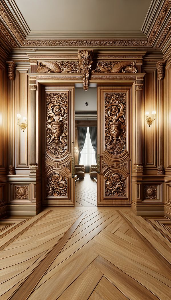 A pair of ornate wooden double doors with an astragal attached at their meeting edges, set against a stylish interior backdrop.