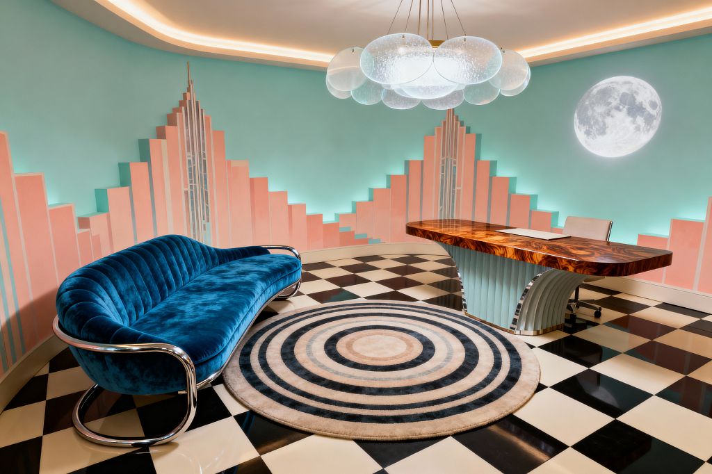 A kids’ room in Art Deco style with aqua walls painted with a blush pink stepped skyscraper mural and concealed cove lighting. The space features a curved teal velvet sofa with chrome tubular arms, a circular rug with concentric rings, and a sculptural desk with a glossy burl-wood top, mint ribbed base, and chrome accents on a black-and-ivory checkerboard floor, plus a frosted bubble chandelier and a glowing moon wall light.