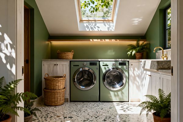 A biophilic laundry room with a central skylight casting dappled leaf shadows over sage-green washer and dryer, an olive green back wall, and whitewashed shaker cabinets. A slim LED-lit shelf spans a honed stone countertop and deep stone sink with brass faucet; speckled terrazzo floors, black-trim window, woven baskets, and potted ferns complete the natural, light-filled space.