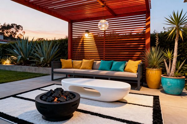 An outdoor patio at dusk features a cedar slat pergola and matching privacy screen behind a long charcoal metal sofa with taupe cushions. A white sculptural coffee table and black round fire pit sit on a white rug with a black geometric border, while globe and sconce lights glow warmly; agave, yucca, and other succulents surround the area, including tall plants in turquoise and mustard glazed pots on large concrete pavers.
