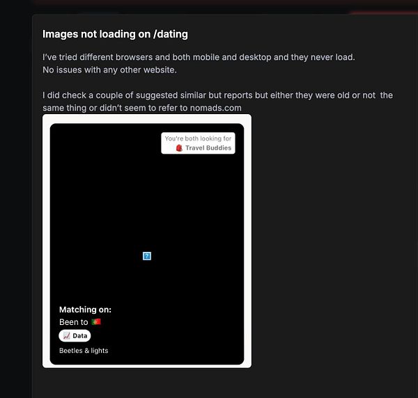 A screenshot of a user interface displaying a loading issue on a dating page.