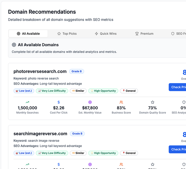 The image displays a detailed breakdown of domain recommendations with SEO metrics.